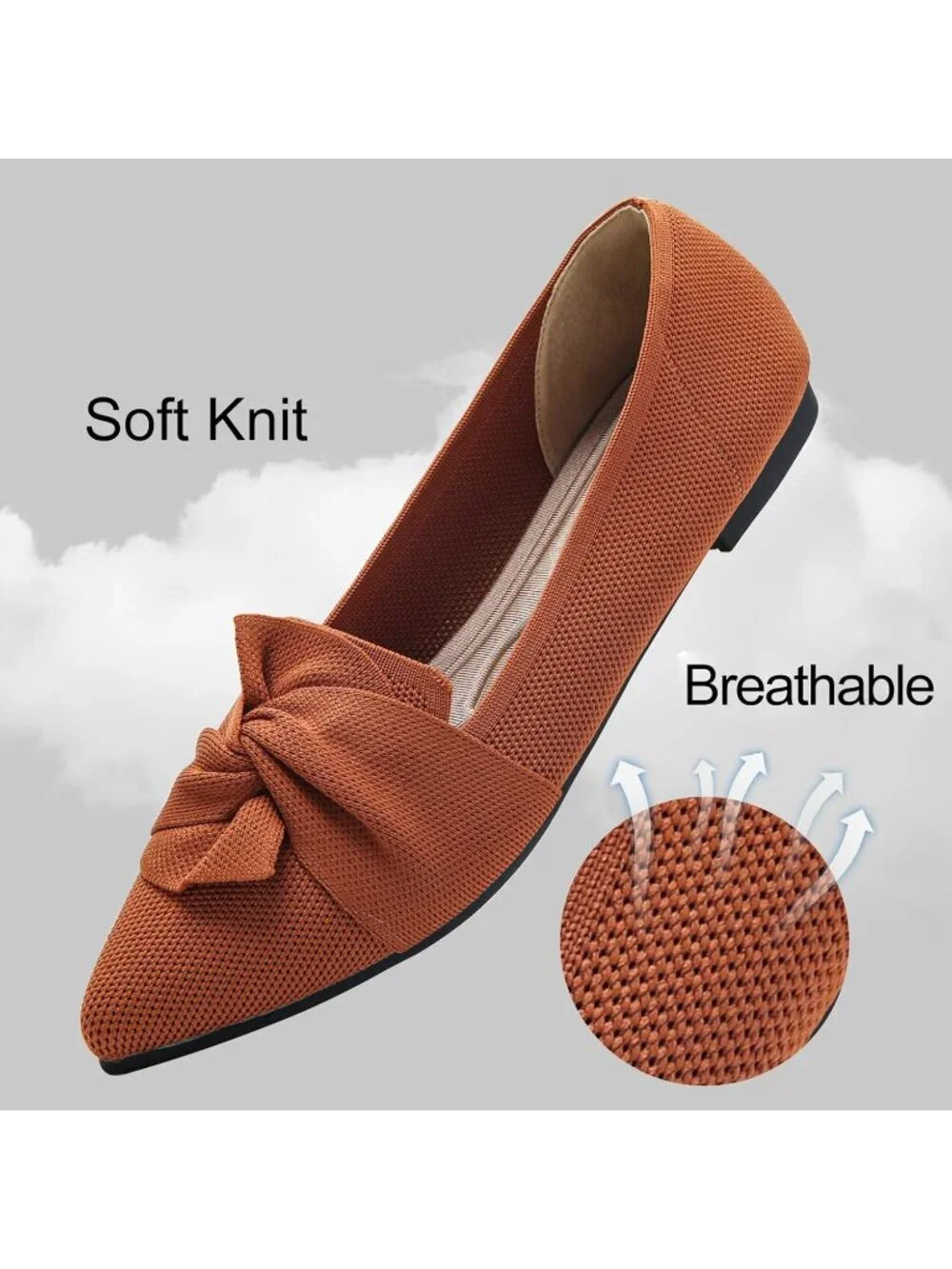 Women's Brown Pointed Toe Ballet Flats with Bow Comfortable Knit Dressy Shoes